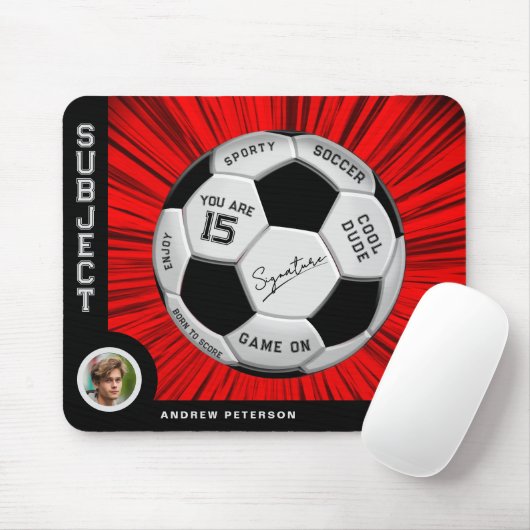 Editable Soccer Ball Modern Red Milestone Birthday Mousepad (Mit Mouse)