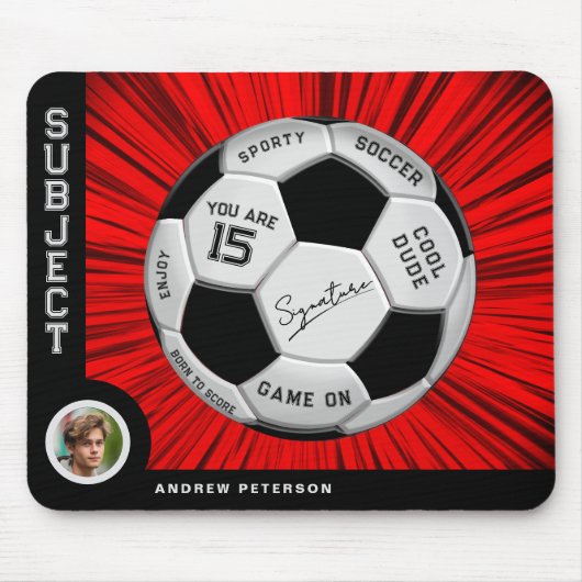 Editable Soccer Ball Modern Red Milestone Birthday Mousepad (Vorne)