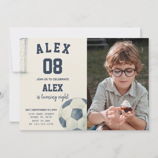 Editable Soccer Birthday Einladung mit Foto (Vorderseite)