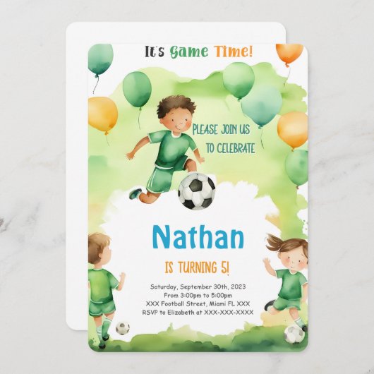 Editable Soccer Birthday Party Einladung (Vorne/Hinten)