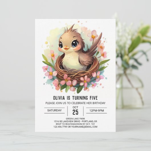 Editable Songbird Bird Birthday Einladung (Stehend Vorderseite)