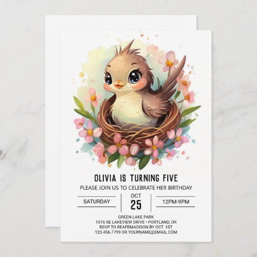 Editable Songbird Bird Birthday Einladung (Vorne/Hinten)