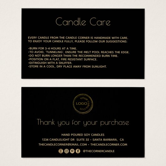 Editable Soy Candle Care Card mit Logo Black (Vorne & Hinten)