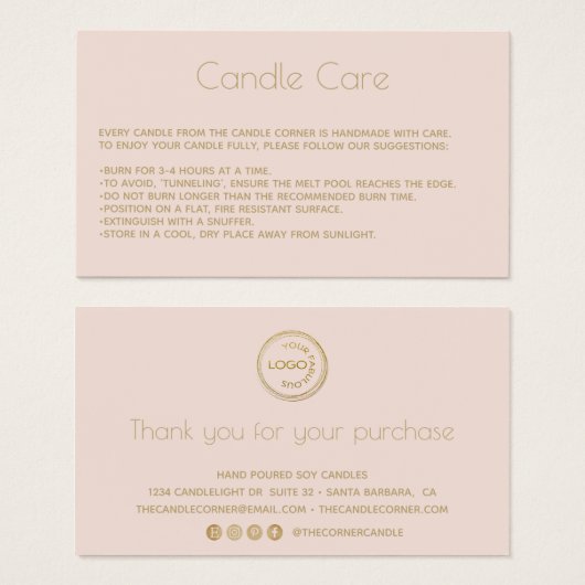 Editable Soy Candle Care Card mit LogoBlush (Vorne & Hinten)