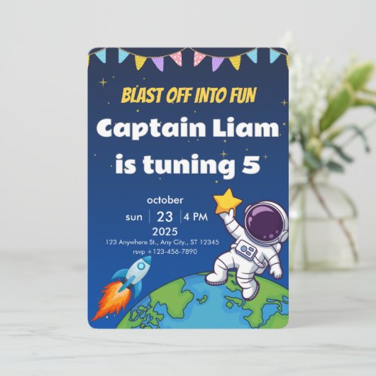 Editable Space Explorer Birthday Invite Einladung (Stehend Vorderseite)