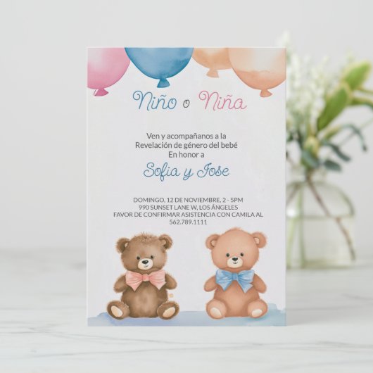 Editable Spanish Teddy Bear Gender Reveal Einladung (Stehend Vorderseite)