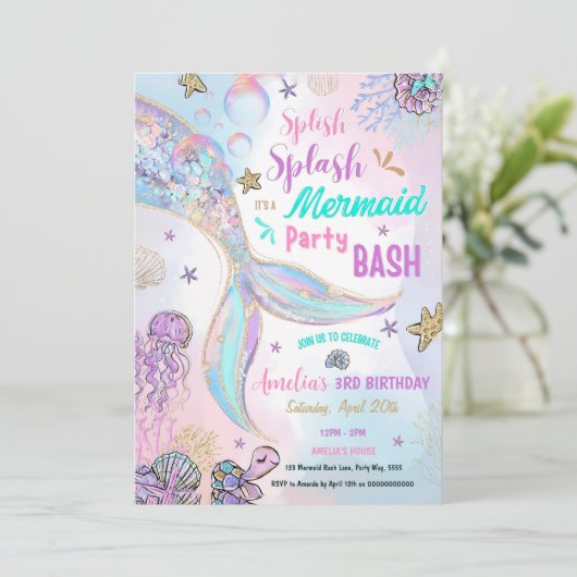 Editable Sparkle Mermaid Party Einladung Pool Gir (Stehend Vorderseite)