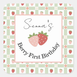 Editable Square Strawberry Gingham 1st Birthday Quadratischer Aufkleber
