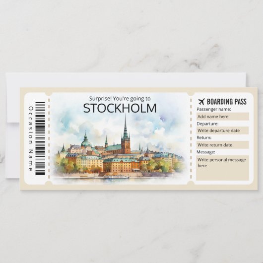 Editable Stockholm Flugzeug Ticket, Schweden Trip Einladung (Vorderseite)