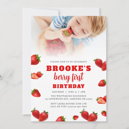 Editable Strawberry Berry 1. Geburtstag Einladung (Vorderseite)
