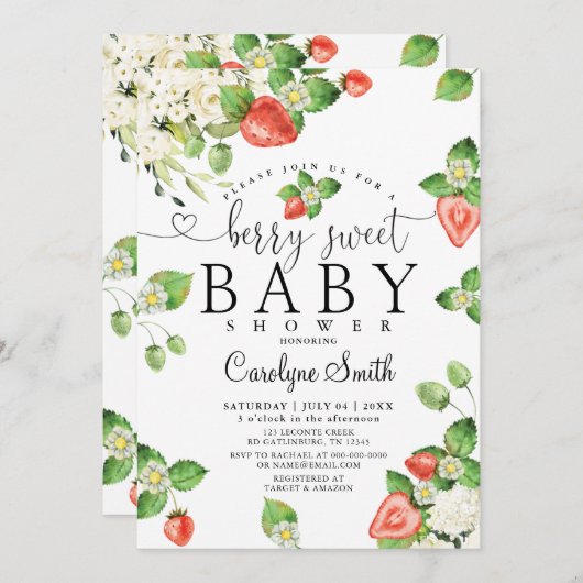 Editable Strawberry Berry Sweet Baby Dusche Einladung (Vorne/Hinten)