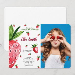 Editable Strawberry Birthday Foto Einladung