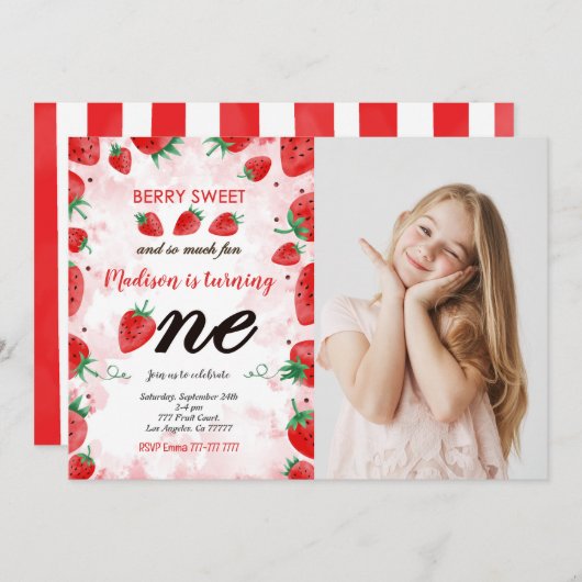Editable Strawberry Birthday Foto Einladung (Vorne/Hinten)