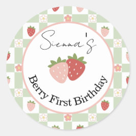 Editable Strawberry Gingham 1st Birthday Favor Runder Aufkleber