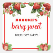 Editable Strawberry Theme Birthday Quadratischer Aufkleber (Vorderseite)