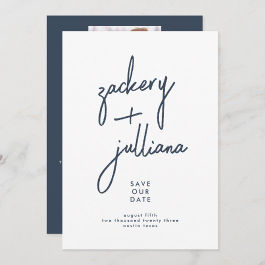 Editable Stylish Foto Custom Navy Blue White Save The Date (Vorne/Hinten)