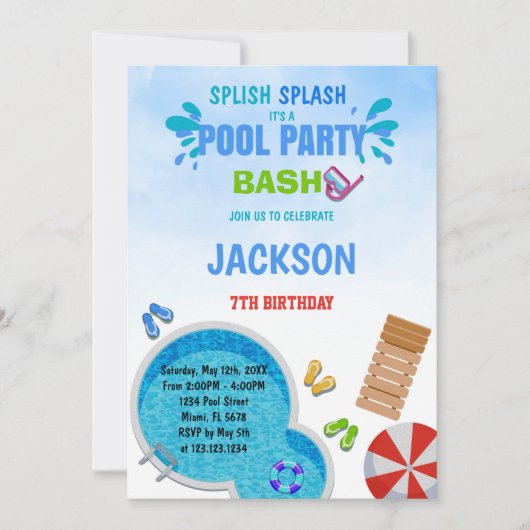 Editable Summer Swim Bash Einladung für Kinder (Vorderseite)