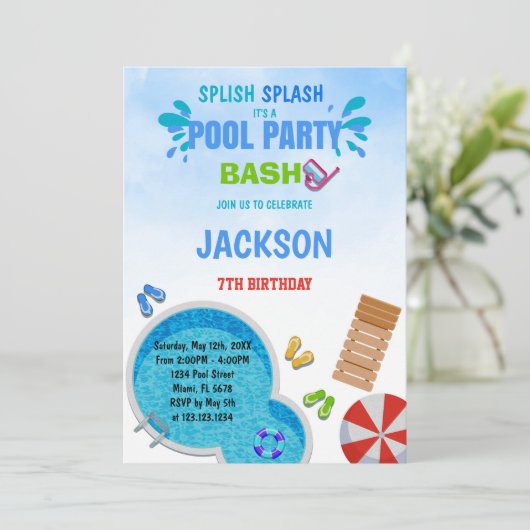 Editable Summer Swim Bash Einladung für Kinder (Stehend Vorderseite)