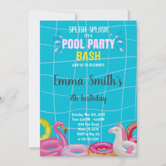 Editable Summer Swim Party laden Kinder ein Einladung (Vorderseite)