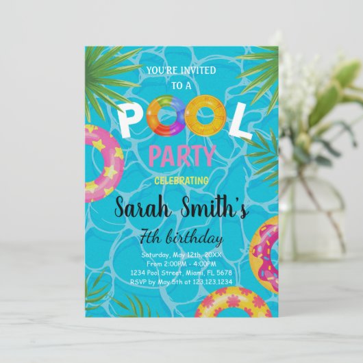 Editable Summer Swim Party laden Kinder ein Einladung (Stehend Vorderseite)