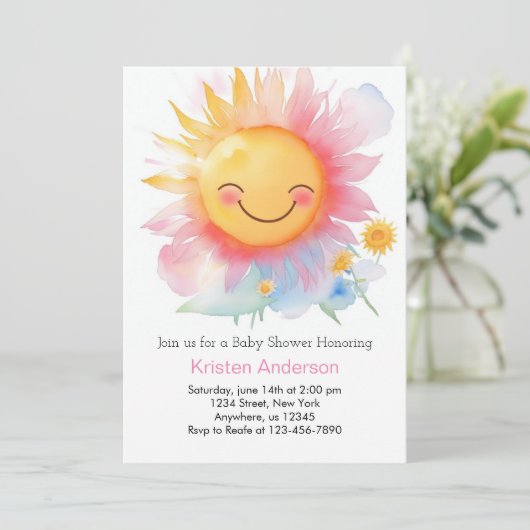 Editable Sun Girl Baby Dusche Einladung (Stehend Vorderseite)