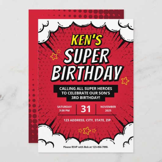 Editable Super Hero Birthday Party lädt ein Einladung (Vorne/Hinten)