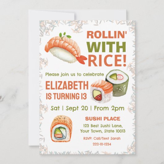 Editable Sushi Birthday Party Einladung (Vorderseite)