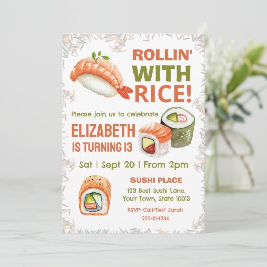 Editable Sushi Birthday Party Einladung (Stehend Vorderseite)