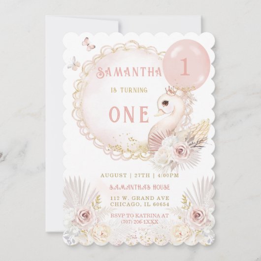 EDITABLE Swan First Birthday Template Einladung (Vorderseite)