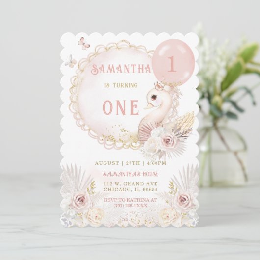 EDITABLE Swan First Birthday Template Einladung (Stehend Vorderseite)