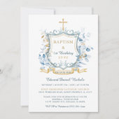 Editable Taufe Blue and Gold Monogram Einladung (Vorderseite)
