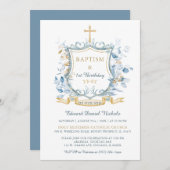 Editable Taufe Blue and Gold Monogram Einladung (Vorne/Hinten)