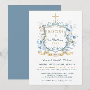 Editable Taufe Blue and Gold Monogram Einladung
