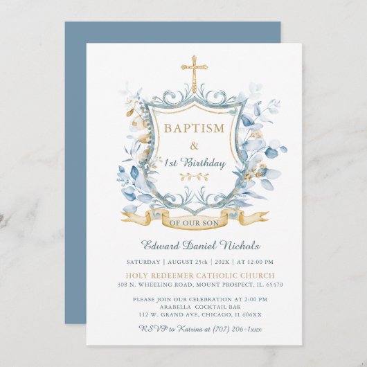 Editable Taufe Blue and Gold Monogram Einladung (Vorne/Hinten)
