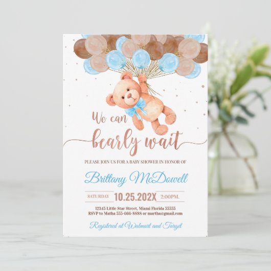 Editable Teddy Bear Baby Dusche Einladung Blue (Stehend Vorderseite)