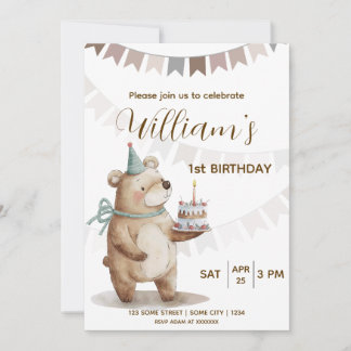 Editable Teddy Bear First Birthday Invitation  Einladung