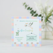 Editable Teddy Bear & Stork Blue Plaid Baby Shower Einladung (Stehend Vorderseite)