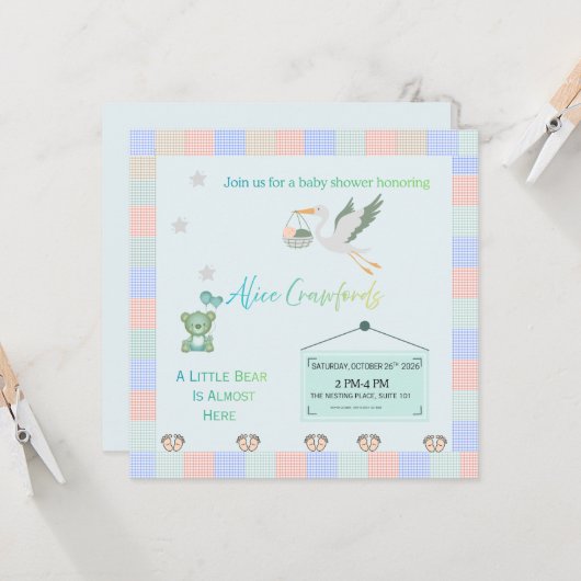 Editable Teddy Bear & Stork Blue Plaid Baby Shower Einladung (Vorderseite/Rückseite Beispiel)