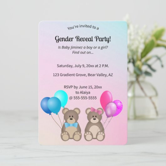 Editable Teddy Bears and Balloons Gender Reveal Einladung (Stehend Vorderseite)