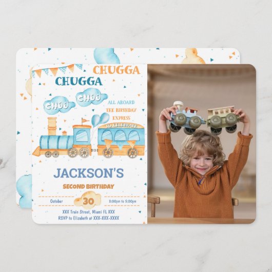 Editable Train Birthday Foto Einladung (Vorne/Hinten)