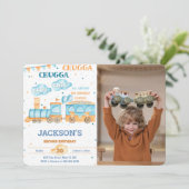 Editable Train Birthday Foto Einladung (Stehend Vorderseite)