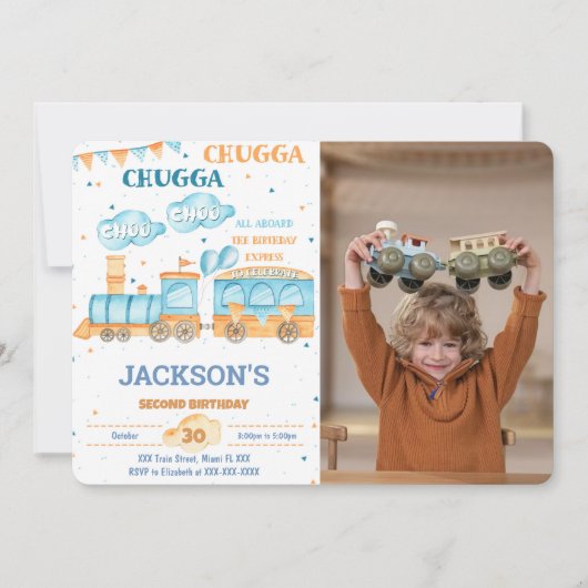 Editable Train Birthday Foto Einladung (Vorderseite)