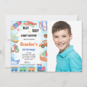 Editable Transportation Birthday Party Foto Einladung (Vorderseite)