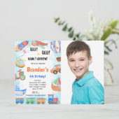 Editable Transportation Birthday Party Foto Einladung (Stehend Vorderseite)