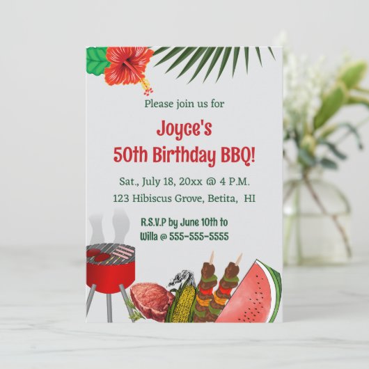 Editable Tropical Birthday GRILLEN Party Einladung (Stehend Vorderseite)