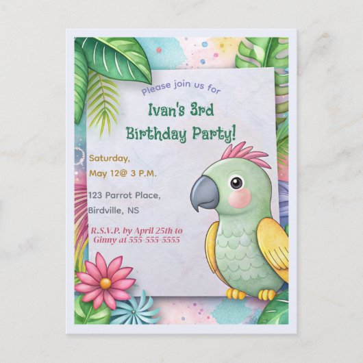 Editable Tropical Parrot Birthday Einladungspostkarte (Vorderseite)
