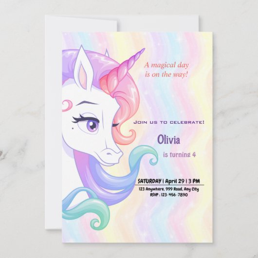 Editable Unicorn Birthday Einladung (Vorderseite)