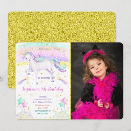 Editable Unicorn Foto Einladung (Vorne/Hinten)
