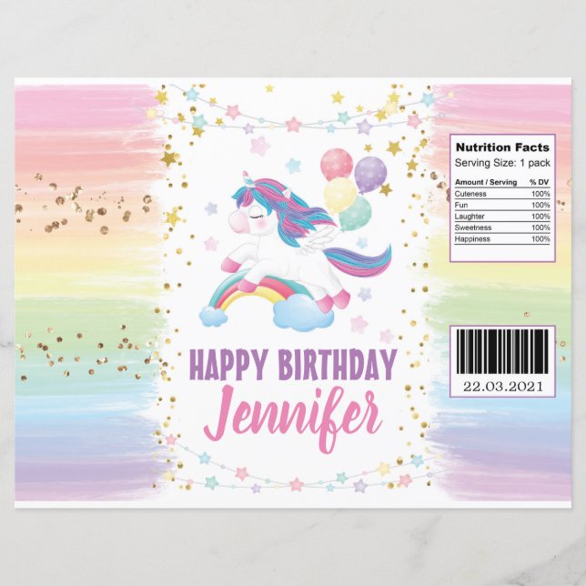 Editable Unicorn Pastel Rainbow Chip Bag Wrapper (Vorderseite)