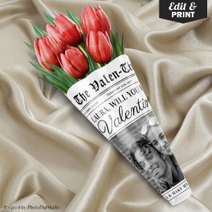 Editable Valentinstag Newspaper Blume Bouquet Geschenkpapier Set